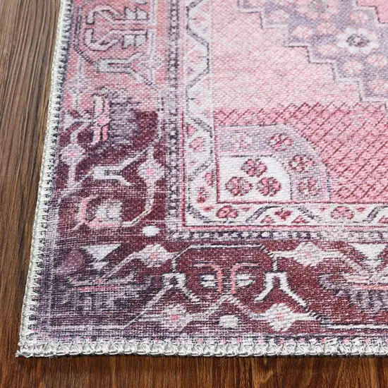 8' Pink Geometric Power Loom Distressed Stain Resistant Non Skid Runner Rug Photo 3