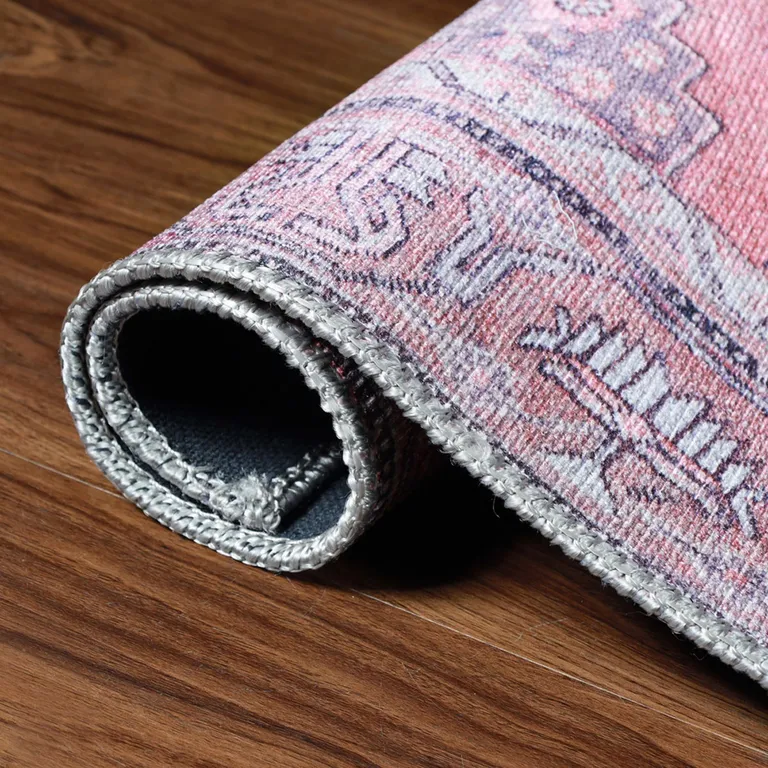 8' Pink Geometric Power Loom Distressed Stain Resistant Non Skid Runner Rug Photo 4