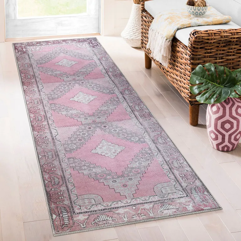 8' Pink Geometric Power Loom Distressed Stain Resistant Non Skid Runner Rug Photo 2