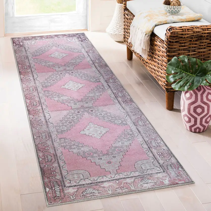 8' Pink Geometric Power Loom Distressed Stain Resistant Non Skid Runner Rug Photo 4