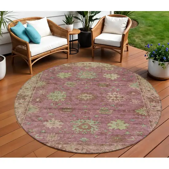 8' Pink Gold And Beige Round Floral Washable Indoor Outdoor Area Rug Photo 2