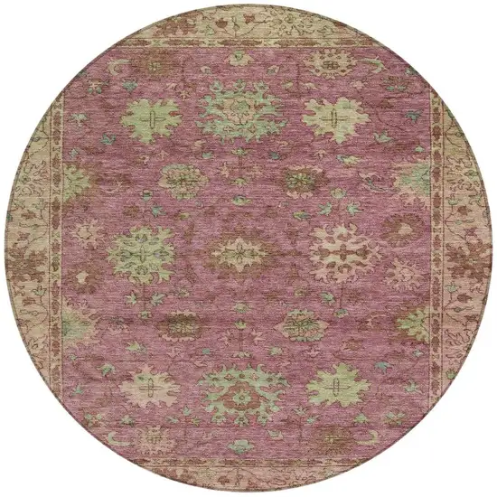 8' Pink Gold And Beige Round Floral Washable Indoor Outdoor Area Rug Photo 3