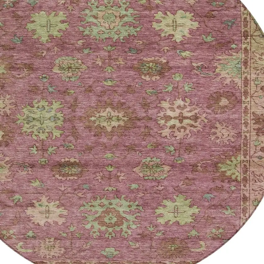 8' Pink Gold And Beige Round Floral Washable Indoor Outdoor Area Rug Photo 8