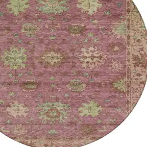 Photo of 8' Pink Gold And Beige Round Floral Washable Indoor Outdoor Area Rug
