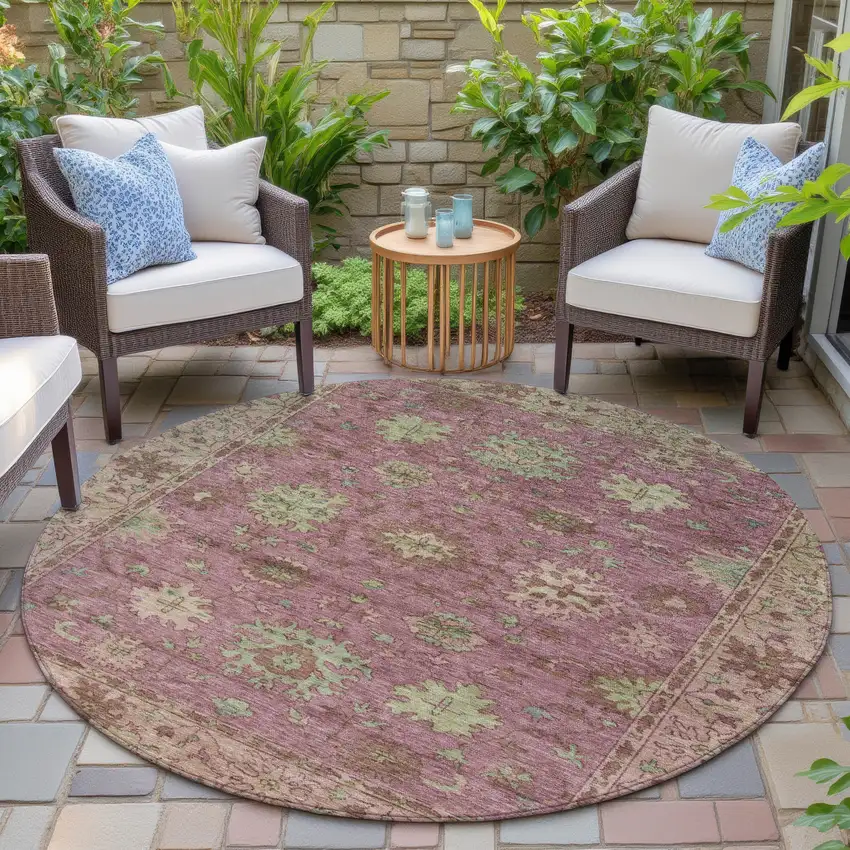 8' Pink Gold And Beige Round Floral Washable Indoor Outdoor Area Rug Photo 6