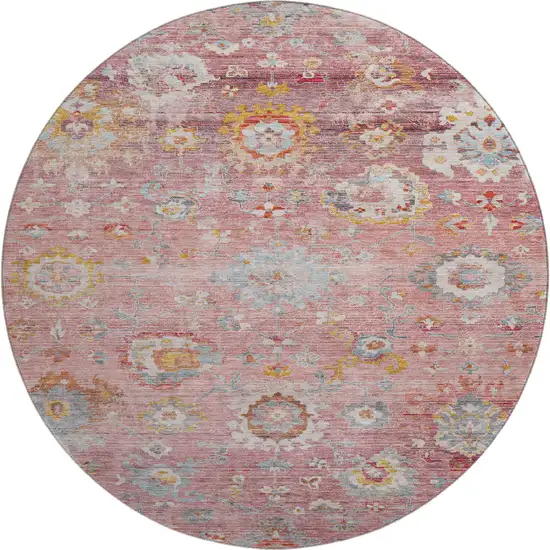 8' Pink Gold And Blue Floral Washable Round Rug With UV Protection Photo 1