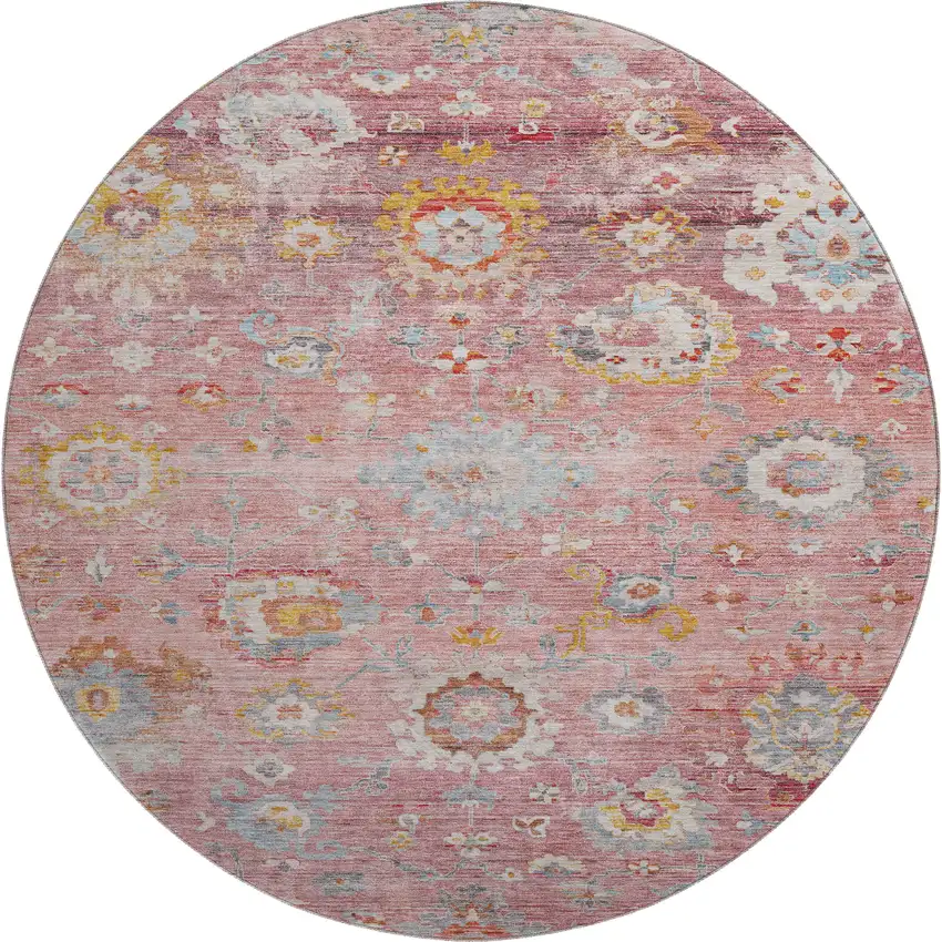 8' Pink Gold And Blue Floral Washable Round Rug With UV Protection Photo 1