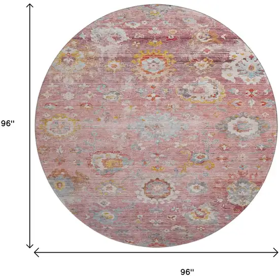 8' Pink Gold And Blue Floral Washable Round Rug With UV Protection Photo 9