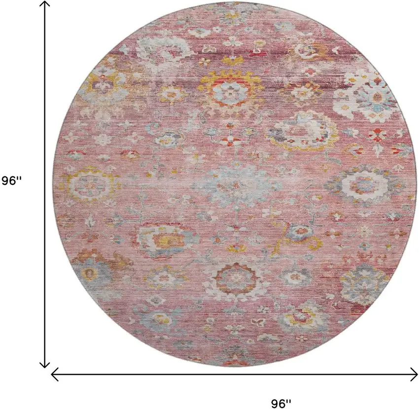 8' Pink Gold And Blue Floral Washable Round Rug With UV Protection Photo 9