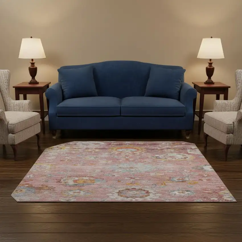 8' Pink Gold And Blue Floral Washable Round Rug With UV Protection Photo 2