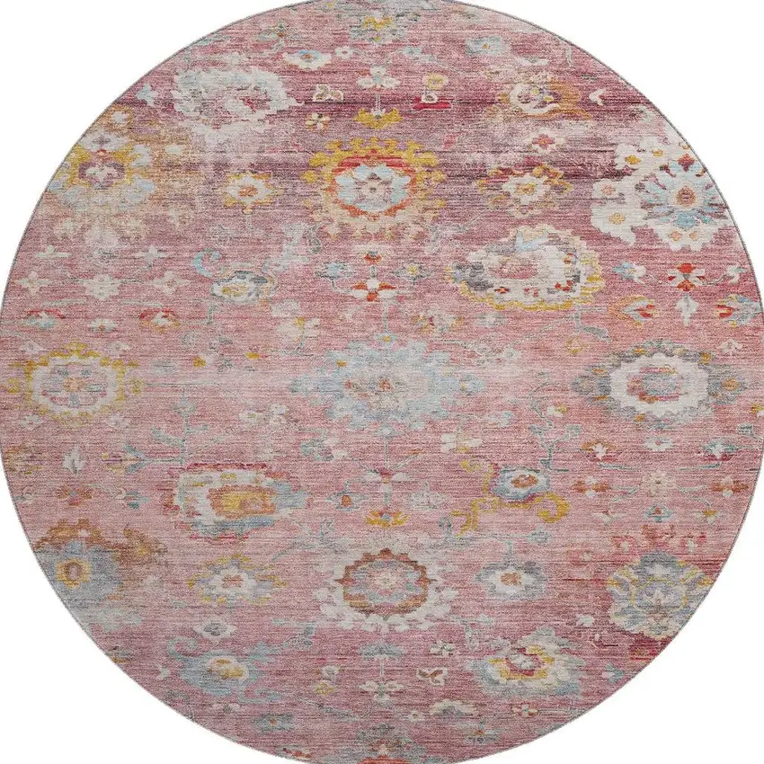 8' Pink Gold And Blue Floral Washable Round Rug With UV Protection Photo 3