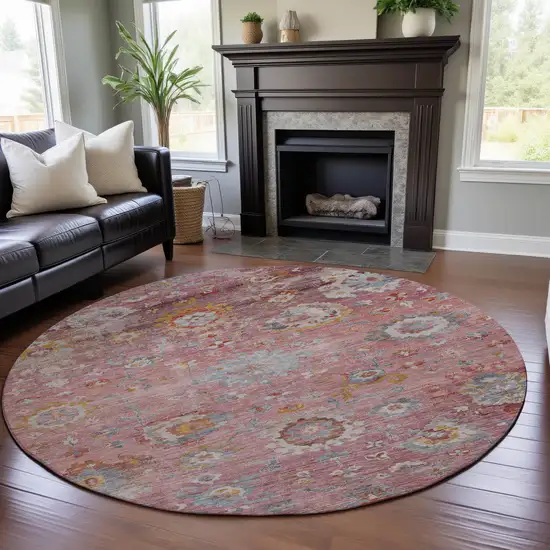 8' Pink Gold And Blue Floral Washable Round Rug With UV Protection Photo 4