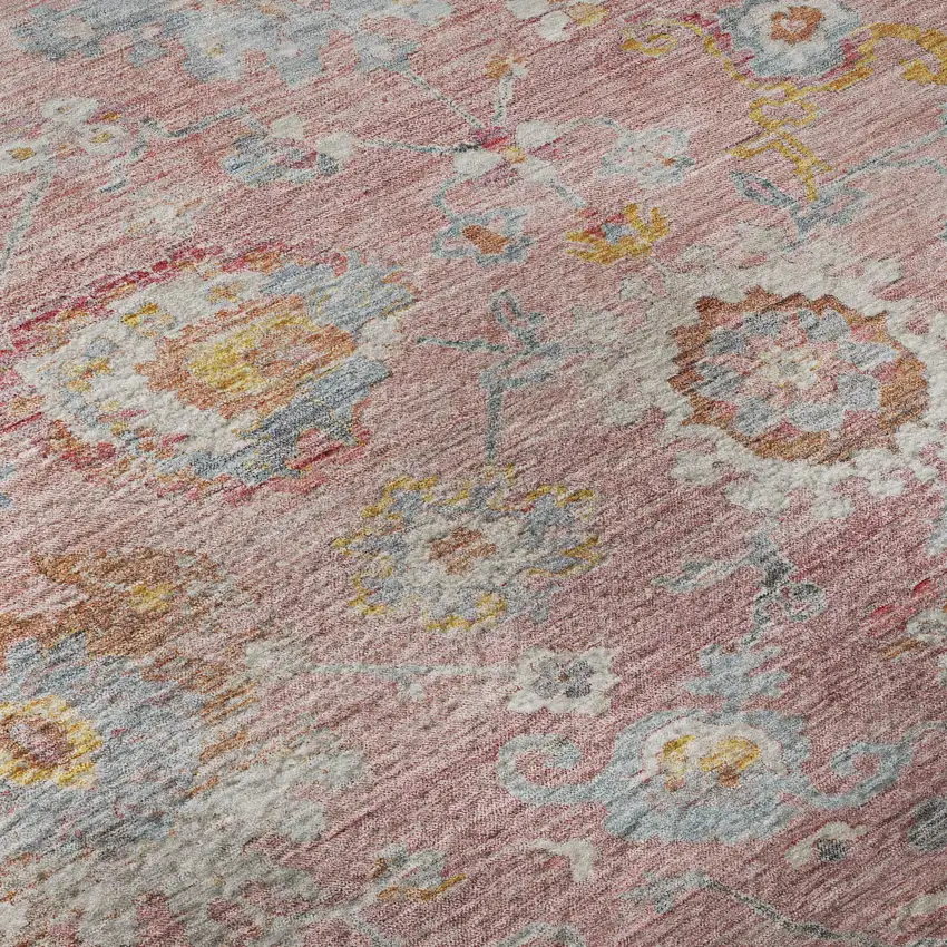 8' Pink Gold And Blue Floral Washable Round Rug With UV Protection Photo 8