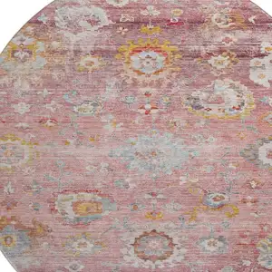 Photo of 8' Pink Gold And Blue Floral Washable Round Rug With UV Protection