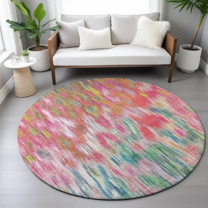8' Pink Gold And Ivory Round Abstract Washable Indoor Outdoor Area Rug Photo 8