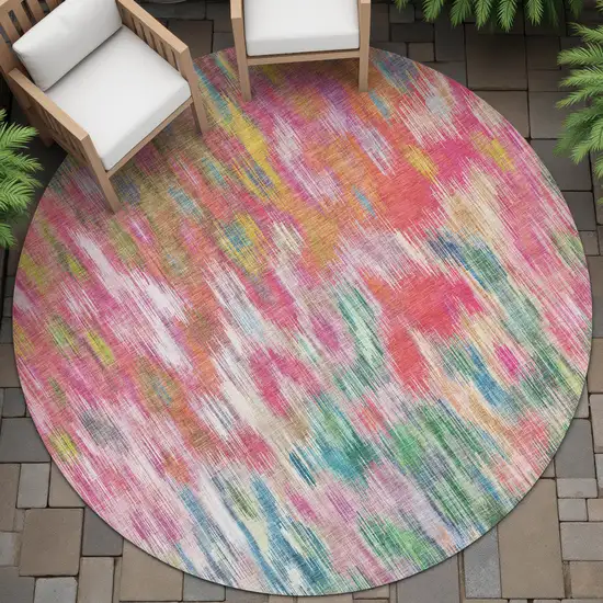 8' Pink Gold And Ivory Round Abstract Washable Indoor Outdoor Area Rug Photo 7