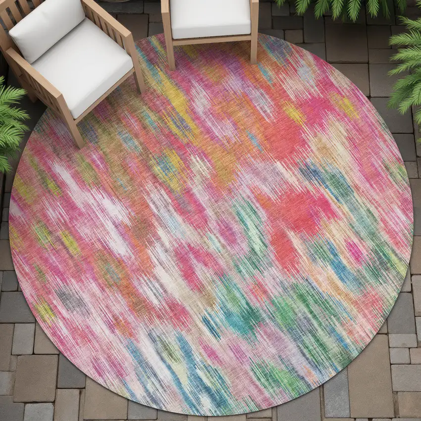 8' Pink Gold And Ivory Round Abstract Washable Indoor Outdoor Area Rug Photo 7