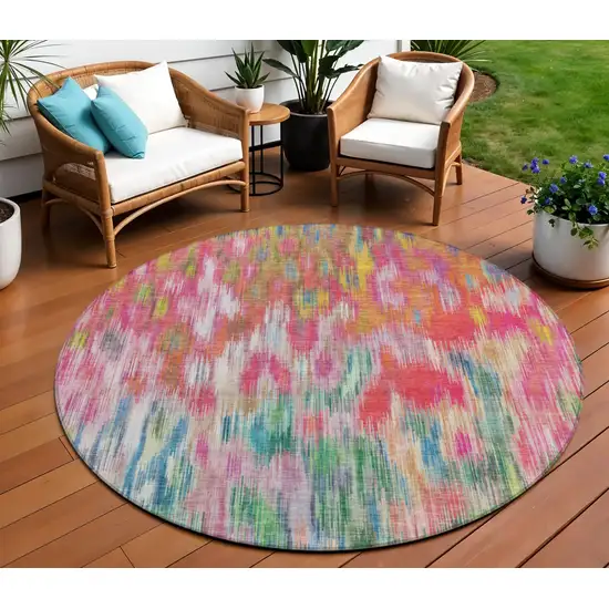 8' Pink Gold And Ivory Round Abstract Washable Indoor Outdoor Area Rug Photo 2