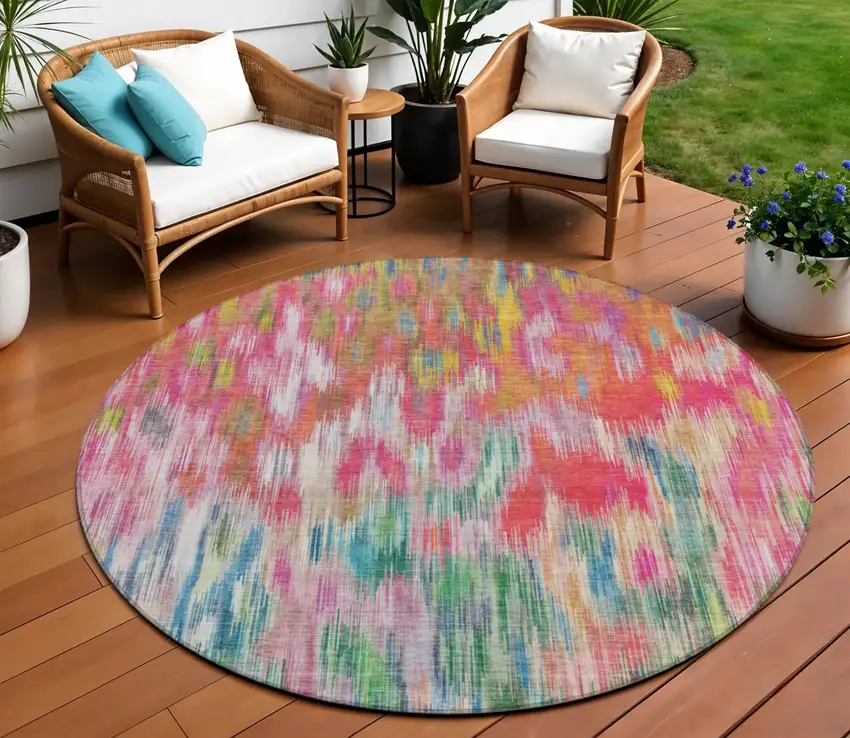 8' Pink Gold And Ivory Round Abstract Washable Indoor Outdoor Area Rug Photo 2