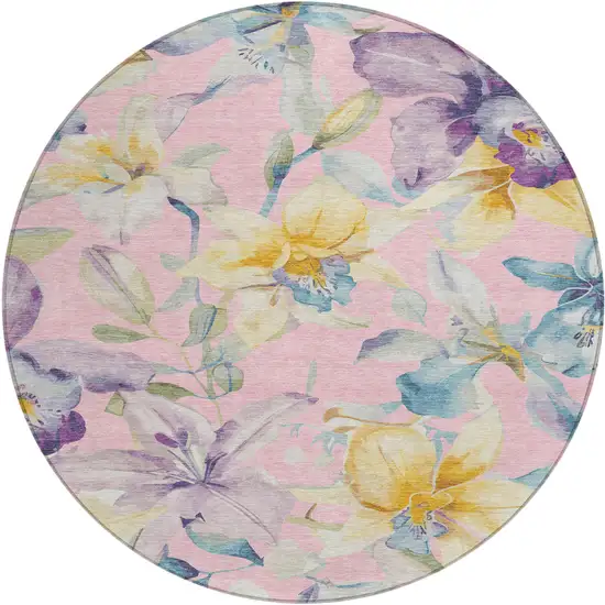8' Pink Gold And Lavender Round Floral Washable Indoor Outdoor Area Rug Photo 2