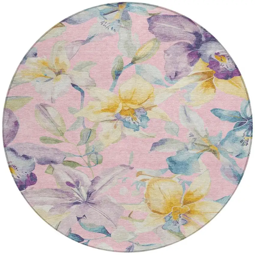 8' Pink Gold And Lavender Round Floral Washable Indoor Outdoor Area Rug Photo 4