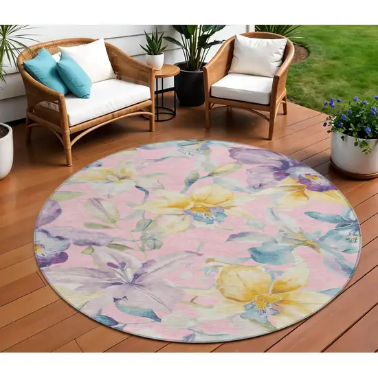 8' Pink Gold And Lavender Round Floral Washable Indoor Outdoor Area Rug Photo 1