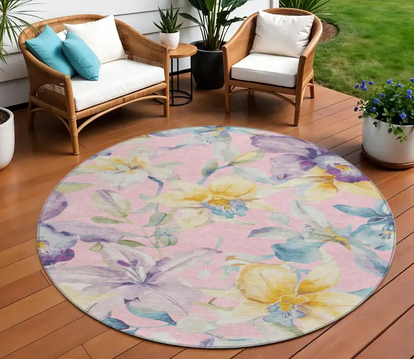 8' Pink Gold And Lavender Round Floral Washable Indoor Outdoor Area Rug Photo 1