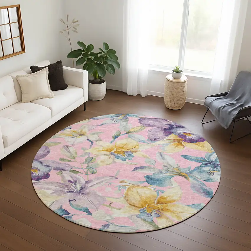 8' Pink Gold And Lavender Round Floral Washable Indoor Outdoor Area Rug Photo 9