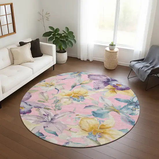8' Pink Gold And Lavender Round Floral Washable Indoor Outdoor Area Rug Photo 9