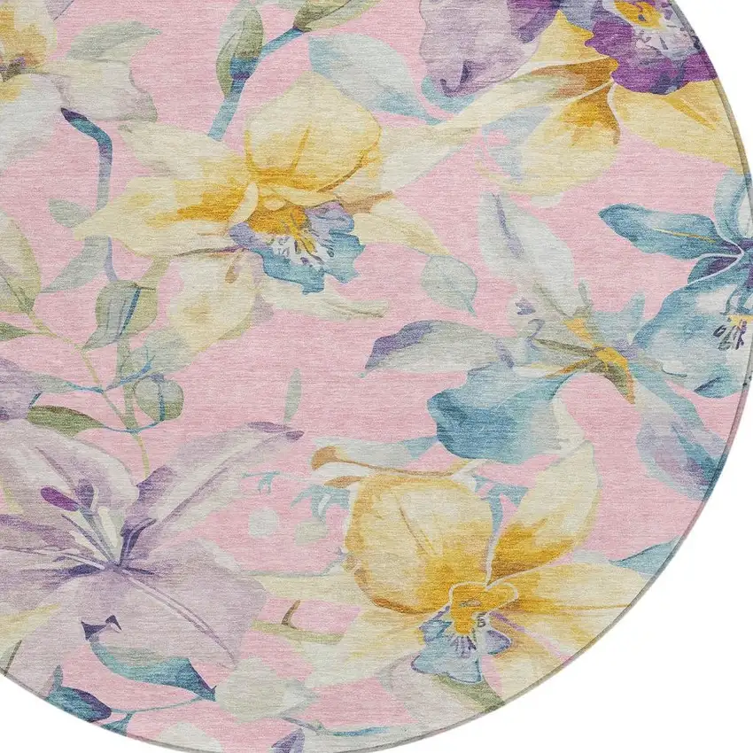 8' Pink Gold And Lavender Round Floral Washable Indoor Outdoor Area Rug Photo 6