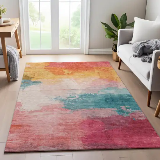 8' Pink Gold And Teal Abstract Washable Area Rug With UV Protection Photo 5