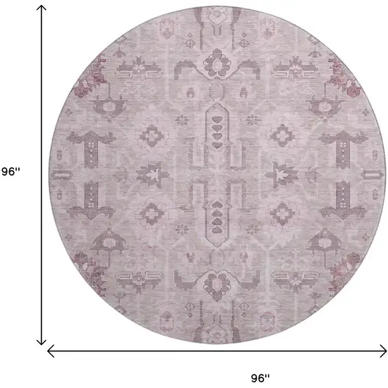8' Pink Gray And Beige Oriental Washable Round Rug With UV Protection Photo 9