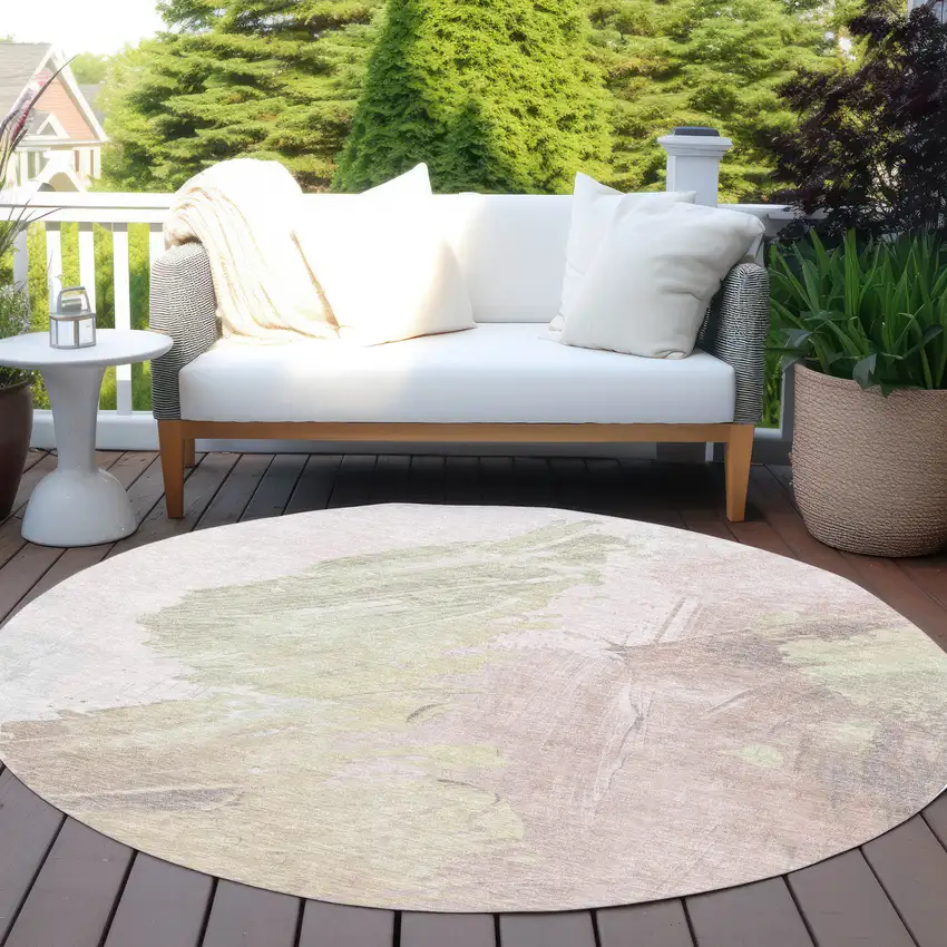 8' Pink Gray And Beige Round Abstract Washable Indoor Outdoor Area Rug Photo 5
