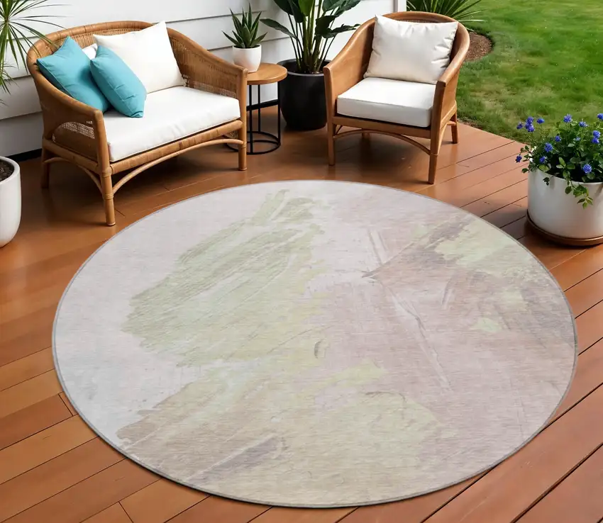 8' Pink Gray And Beige Round Abstract Washable Indoor Outdoor Area Rug Photo 2