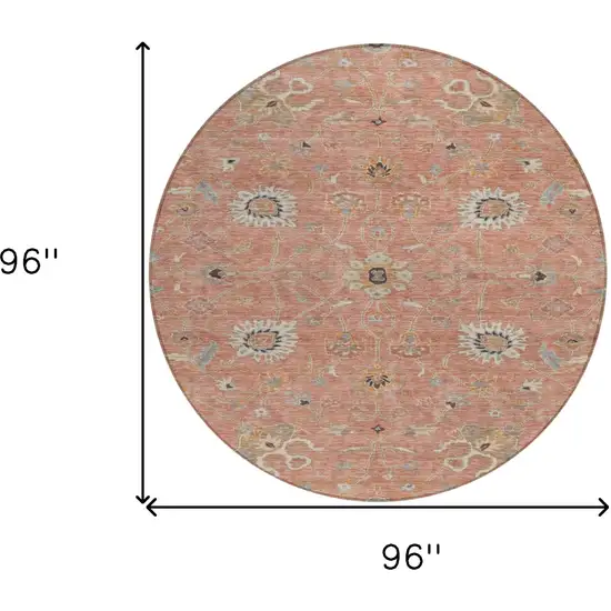 8' Pink Gray And Beige Round Floral Washable Indoor Outdoor Area Rug Photo 8