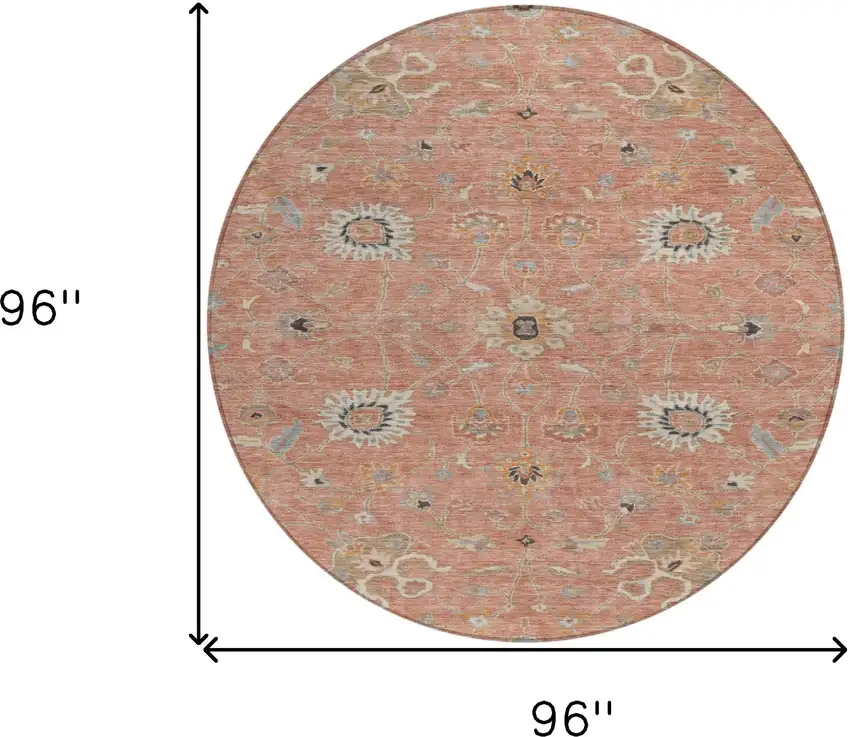8' Pink Gray And Beige Round Floral Washable Indoor Outdoor Area Rug Photo 8