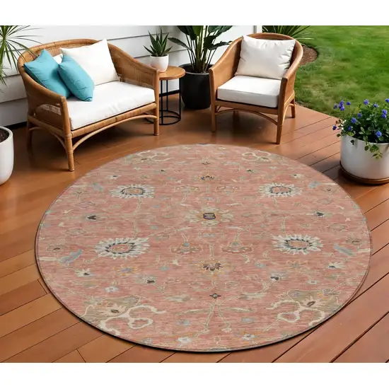 8' Pink Gray And Beige Round Floral Washable Indoor Outdoor Area Rug Photo 1