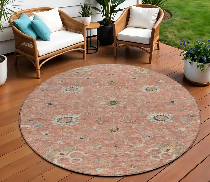 8' Pink Gray And Beige Round Floral Washable Indoor Outdoor Area Rug Photo 1