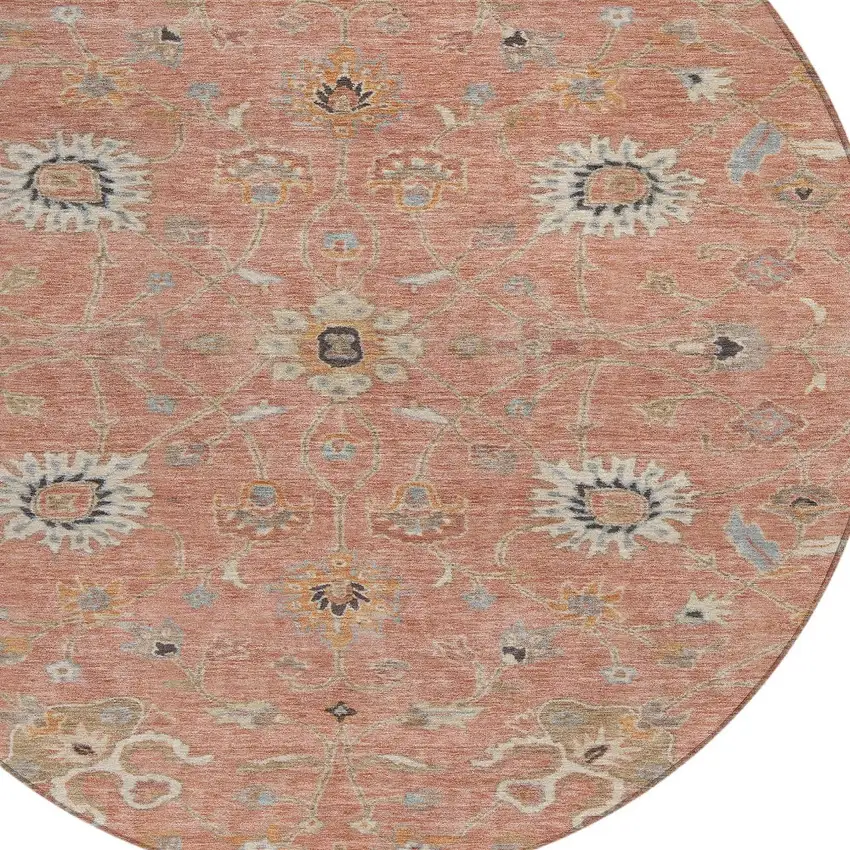 8' Pink Gray And Beige Round Floral Washable Indoor Outdoor Area Rug Photo 6