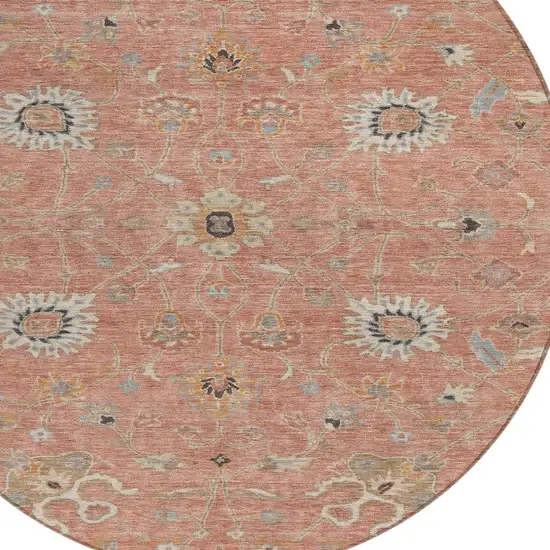 8' Pink Gray And Beige Round Floral Washable Indoor Outdoor Area Rug Photo 6