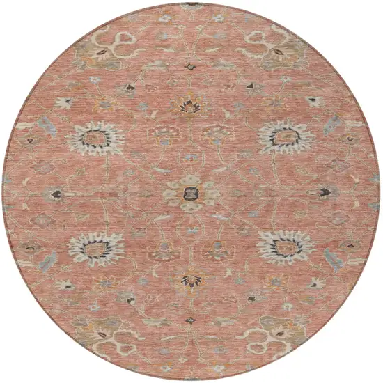 8' Pink Gray And Beige Round Floral Washable Indoor Outdoor Area Rug Photo 7