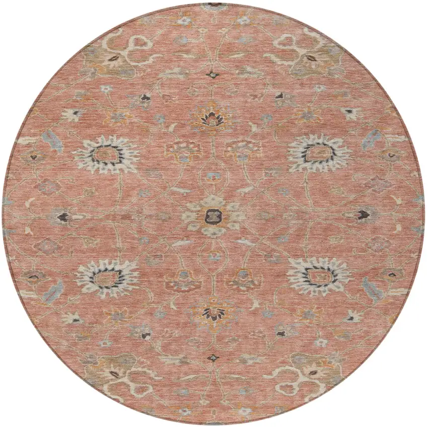 8' Pink Gray And Beige Round Floral Washable Indoor Outdoor Area Rug Photo 7