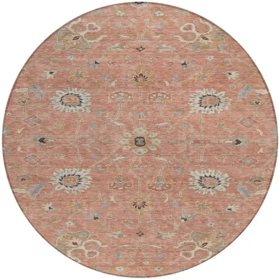 8' Pink Gray And Beige Round Floral Washable Indoor Outdoor Area Rug Photo 2