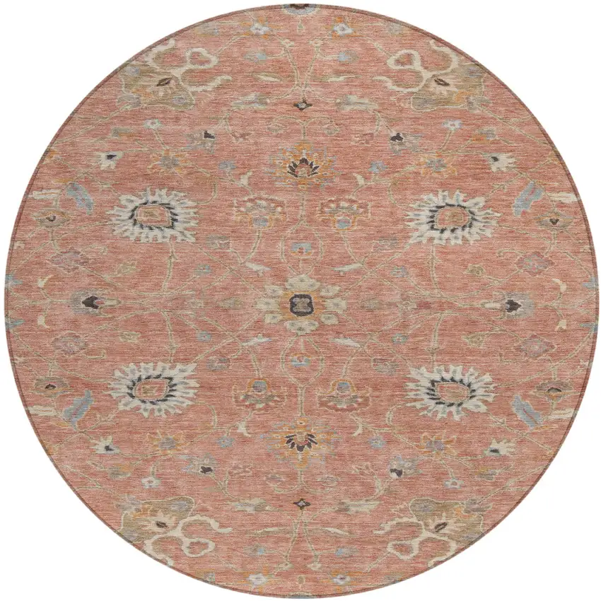8' Pink Gray And Beige Round Floral Washable Indoor Outdoor Area Rug Photo 2