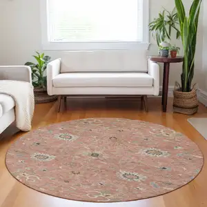Photo of 8' Pink Gray And Beige Round Floral Washable Indoor Outdoor Area Rug