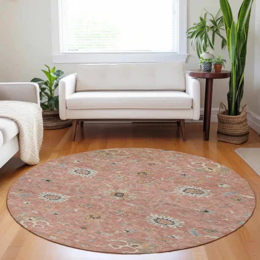 8' Pink Gray And Beige Round Floral Washable Indoor Outdoor Area Rug Photo 9