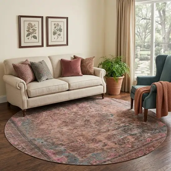 8' Pink Gray And Blush Floral Medallion Washable Round Rug With UV Protection Photo 1
