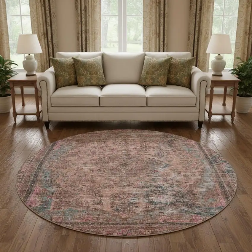 8' Pink Gray And Blush Floral Medallion Washable Round Rug With UV Protection Photo 2