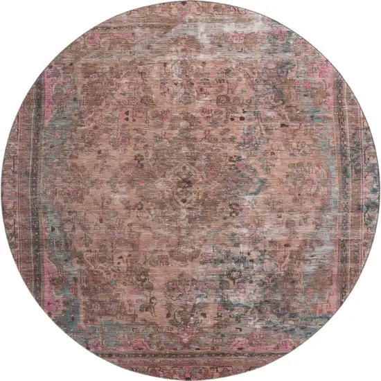 8' Pink Gray And Blush Floral Medallion Washable Round Rug With UV Protection Photo 1