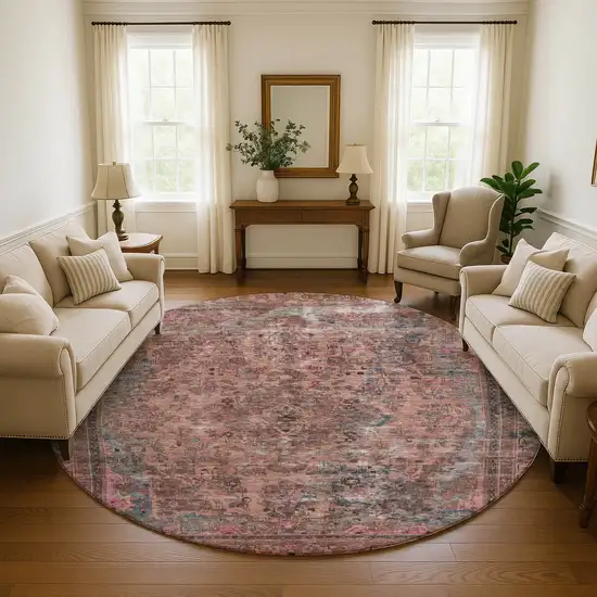 8' Pink Gray And Blush Floral Medallion Washable Round Rug With UV Protection Photo 3